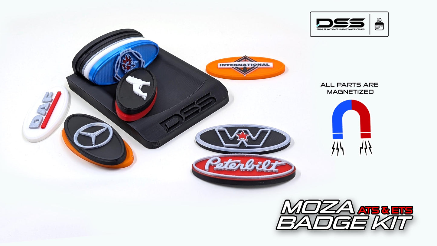 Magnetized ETS & ATS Badge Set for Moza Truck Wheel – Includes Holder, Tray, and All Badges (Wheel Not Included)