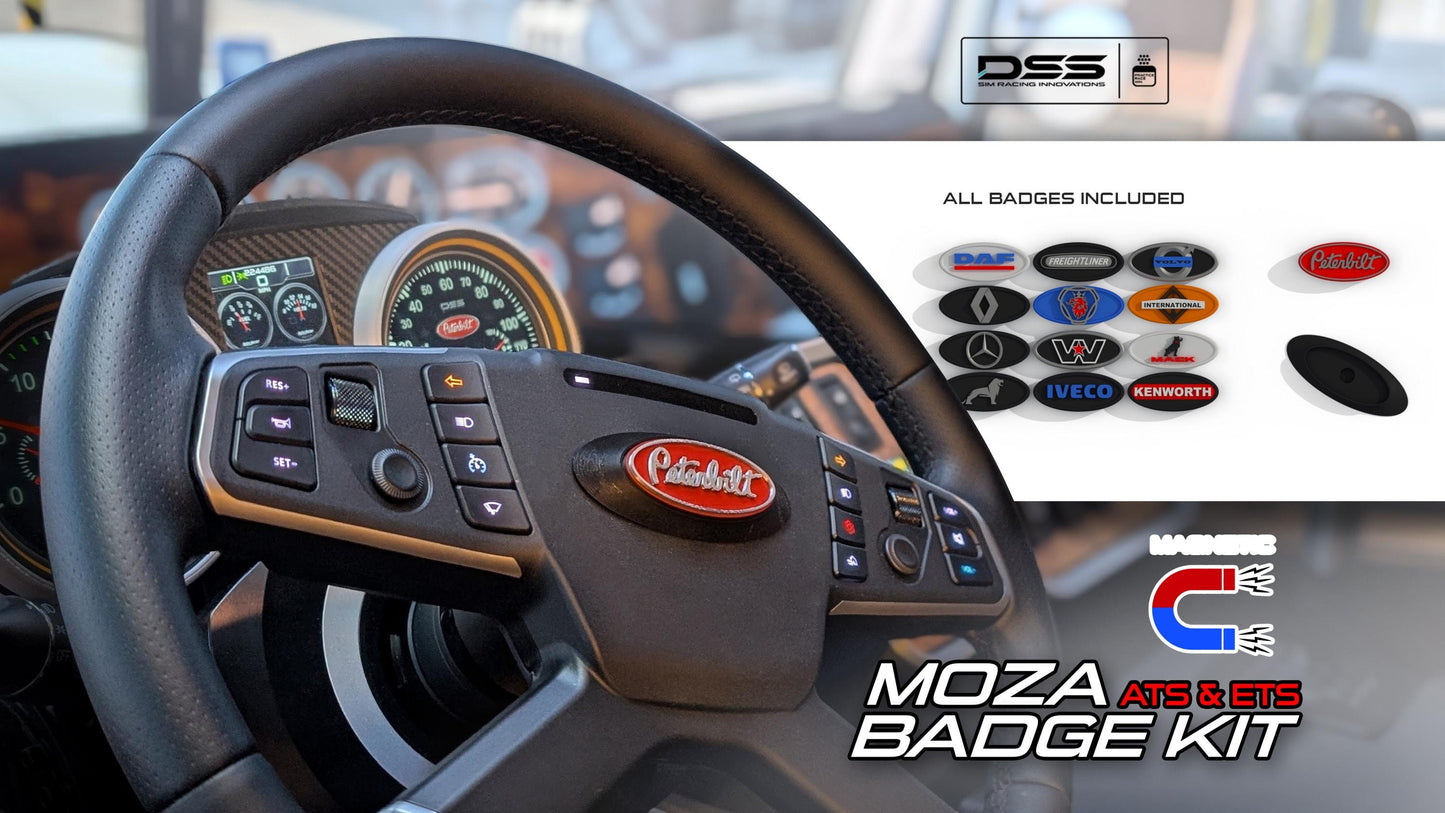 Magnetized ETS & ATS Badge Set for Moza Truck Wheel – Includes Holder, Tray, and All Badges (Wheel Not Included)
