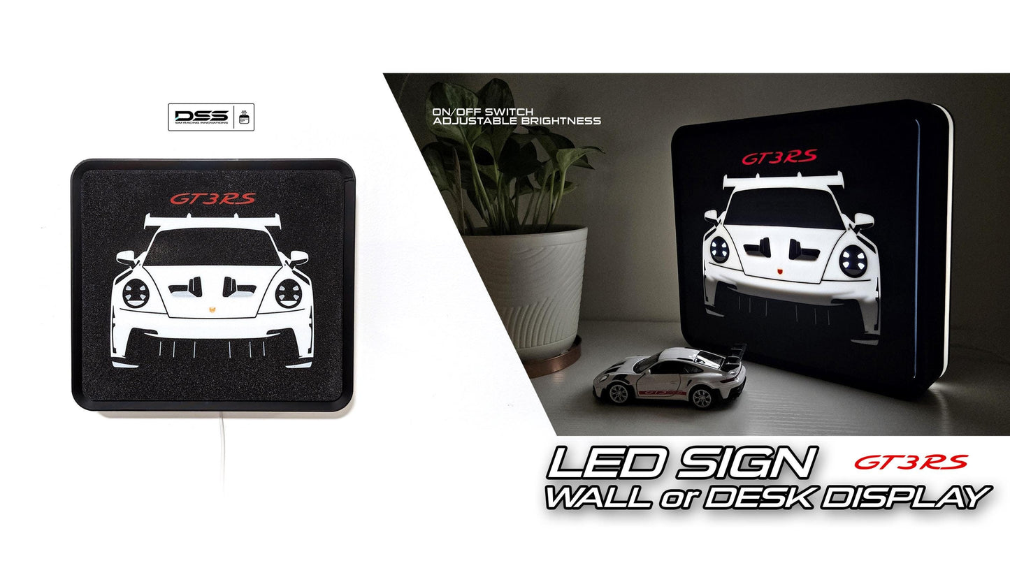 GT3 RS Led Sign with Ambient GLOW / Desk or Wall Mount / USB Powered & Dimmable