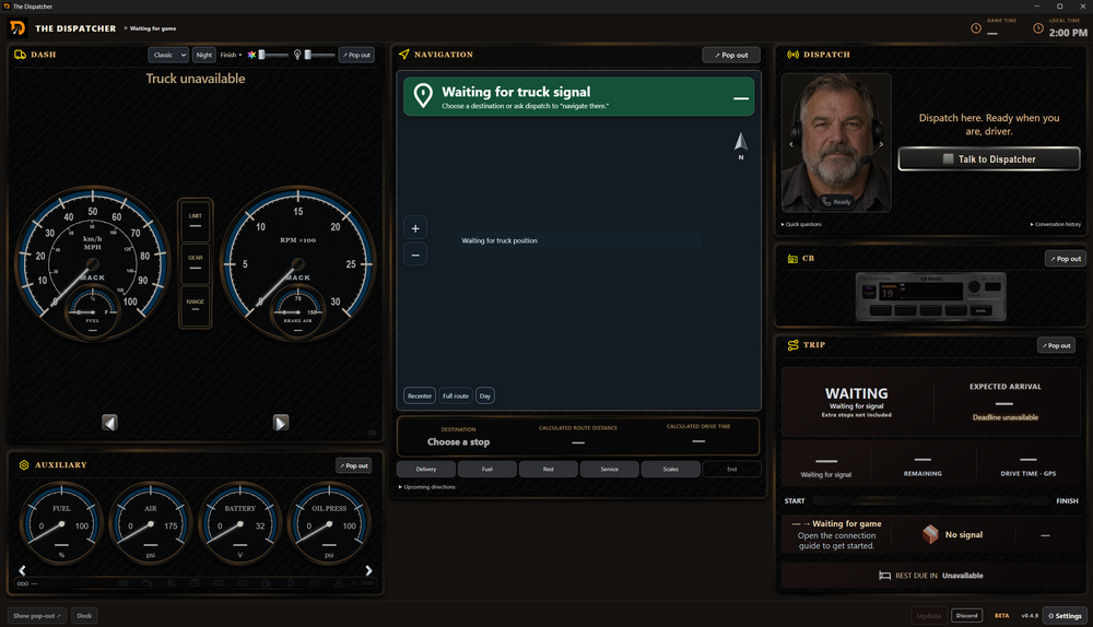 The Dispatcher dashboard with navigation, dispatch, trip, and vehicle instruments