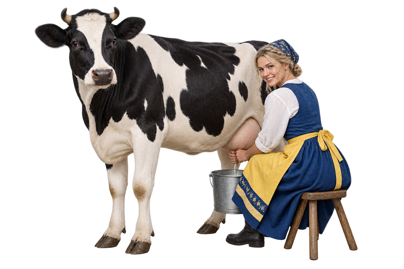 A Swedish milkmaid milking a cow
