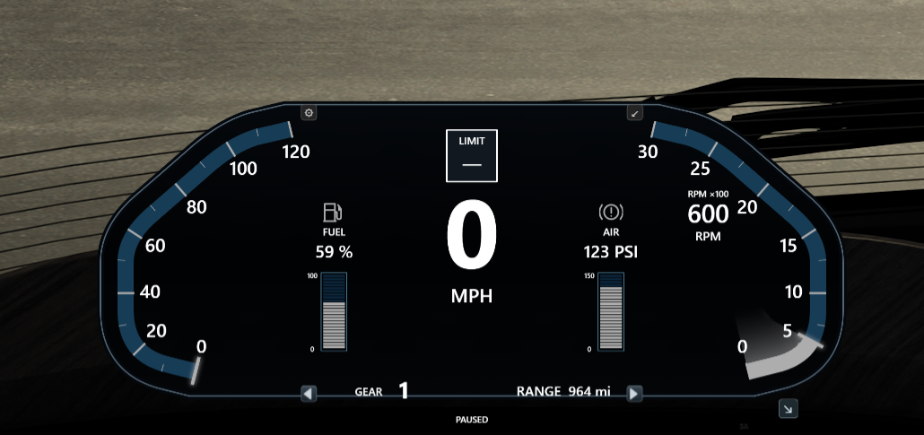 Actual Dispatcher modern pop-out dashboard showing speed, RPM, fuel, air pressure, gear and range
