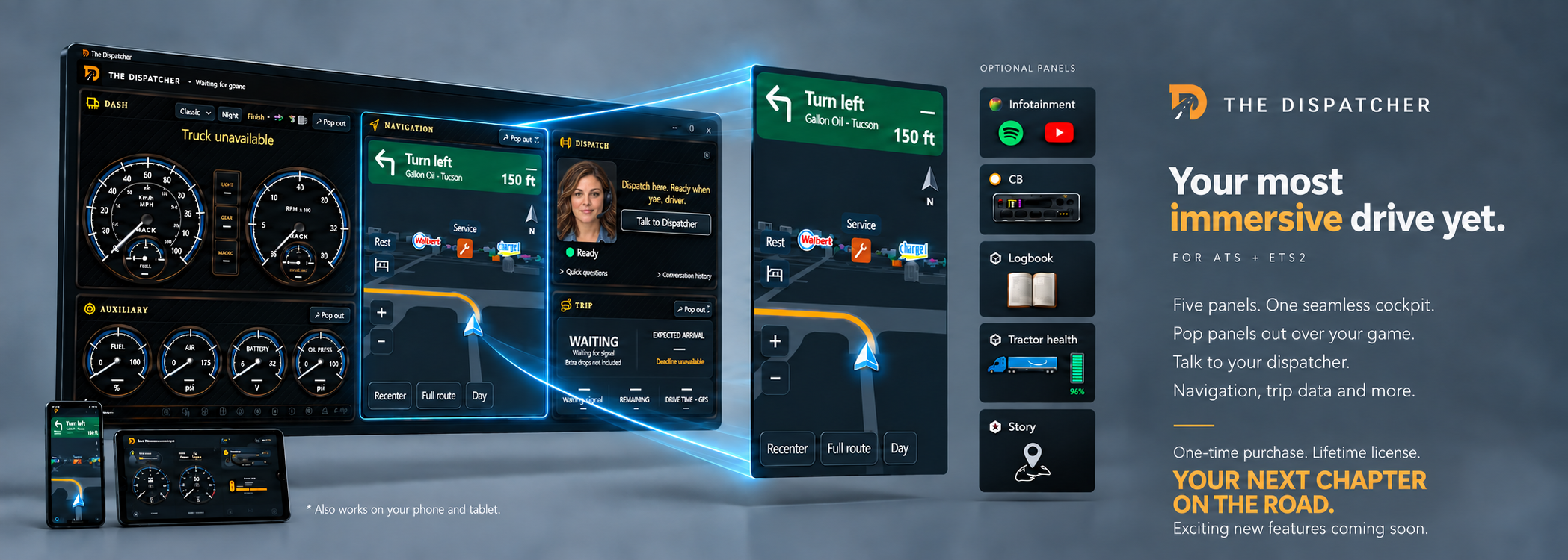 The Dispatcher in perspective: five driving panels with Erin Hart, pop-out navigation, phone and tablet views