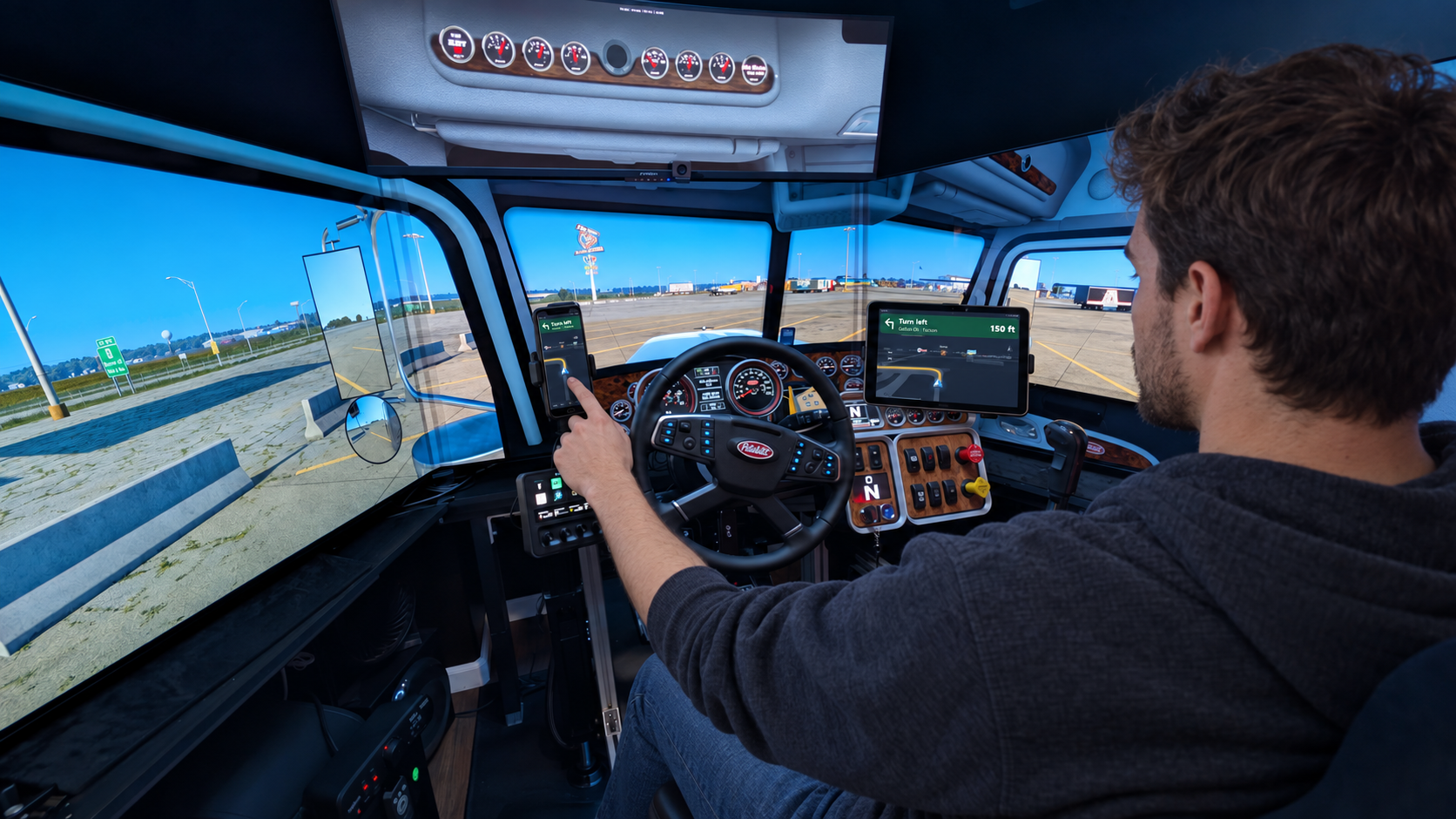A driver touches a physical phone above the Stream Deck while a real tablet beside the wheel also displays navigation; illustrative edit of the owner's simulator