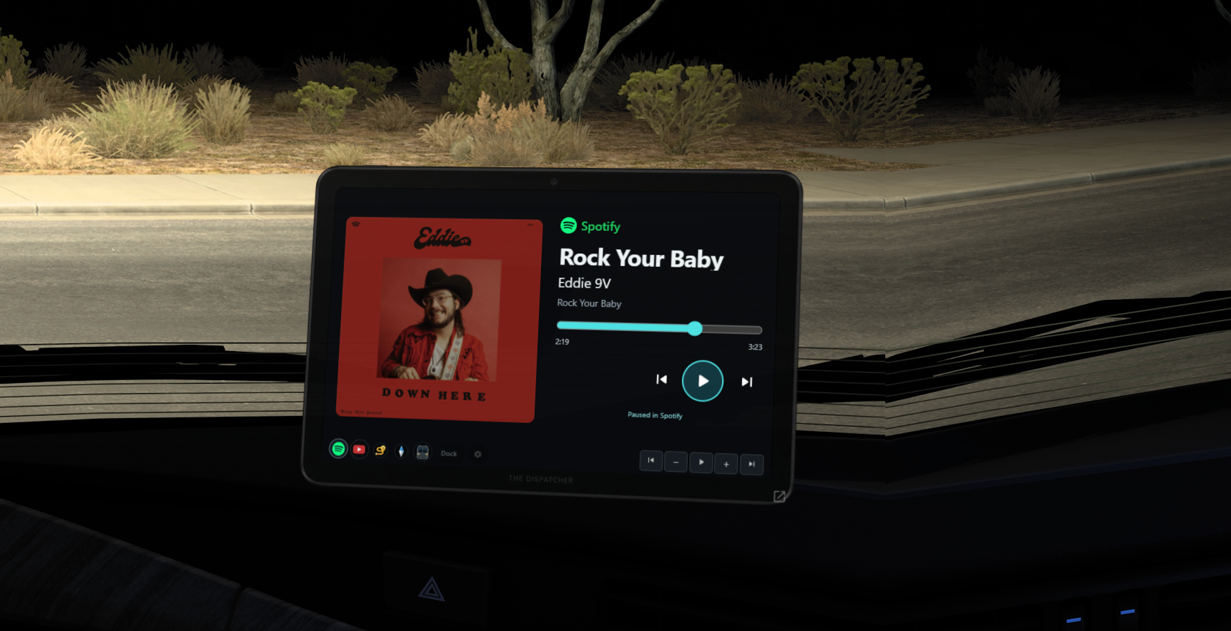 Spotify playback in The Dispatcher: Rock Your Baby by Eddie 9V, with Down Here artwork