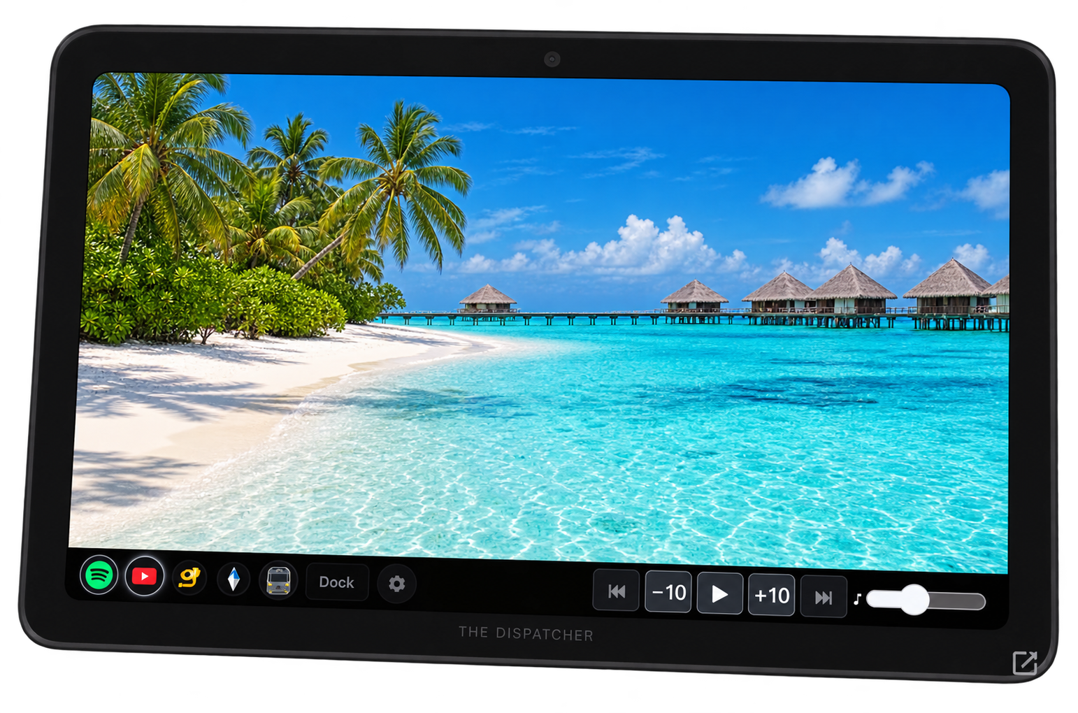 Dispatcher infotainment tablet showing a Maldives beach travel scene and video playback controls