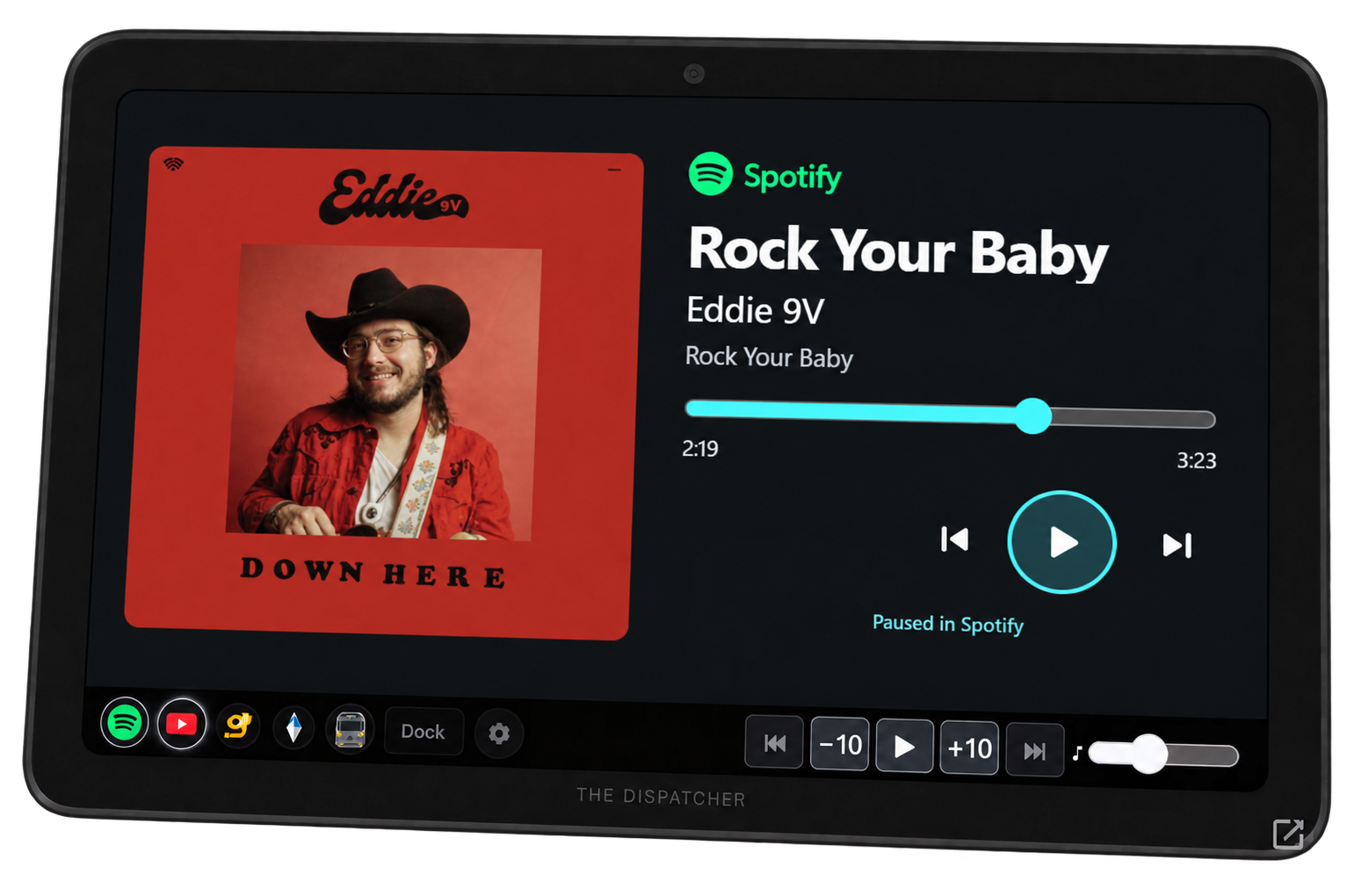 Matching Dispatcher tablet displaying Spotify over the same ATS Los Angeles city scene